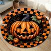 Spooky Halloween Skull & Pumpkin Round Mat - Soft Polyester, Non-Slip Backing, Machine Washable - Perfect for Living Room, Bedro