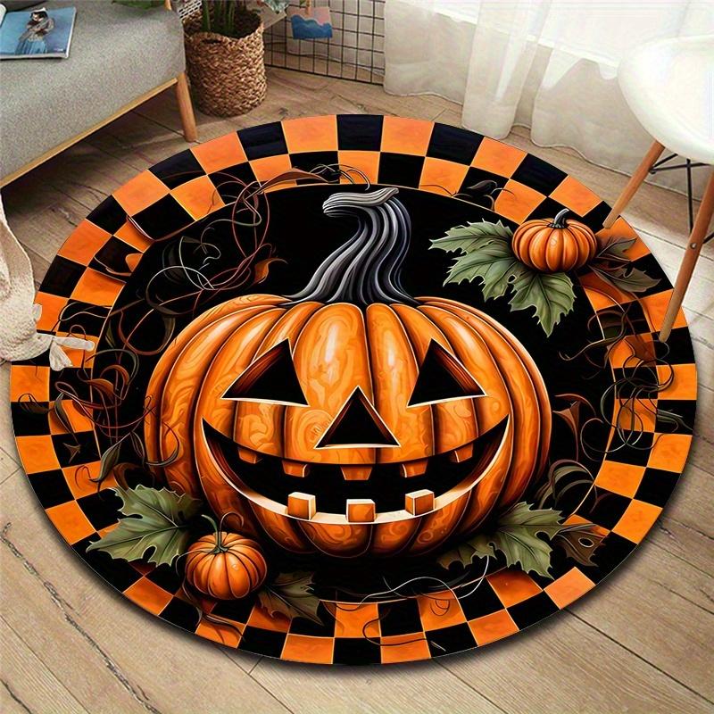 Spooky Halloween Skull & Pumpkin Round Mat - Soft Polyester, Non-Slip Backing, Machine Washable - Perfect for Living Room, Bedro