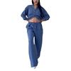 Casual Cotton Linen Solid Color Shirt & Drawstring Wide Leg Pants Set