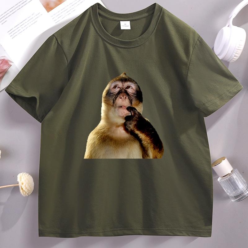 Funny Monkey Thinking Meme T Shirt Unisex Unisex Vintage Short Sleeve Round Neck Tshirt Male Designer Clothes Animal Lover Tees