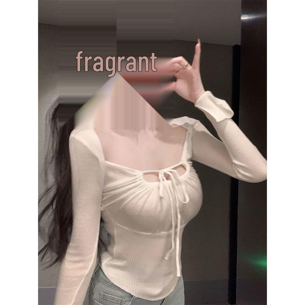 

Elegant Low-Cut Long-Sleeve Women s White Slimming Tie-Up Top for Fall/Winter One Size