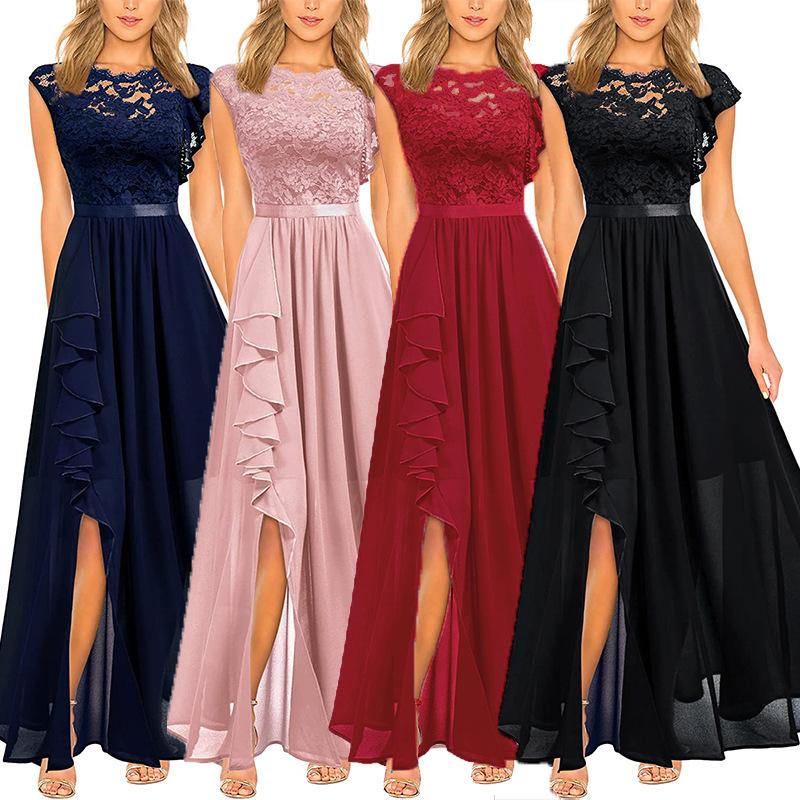 

Elegant Lace Top with Chiffon Skirt Long Dress, High Slit, Side Ruffle, Waist Belt, Available in Navy, Pink, Wine, Black S рожевий