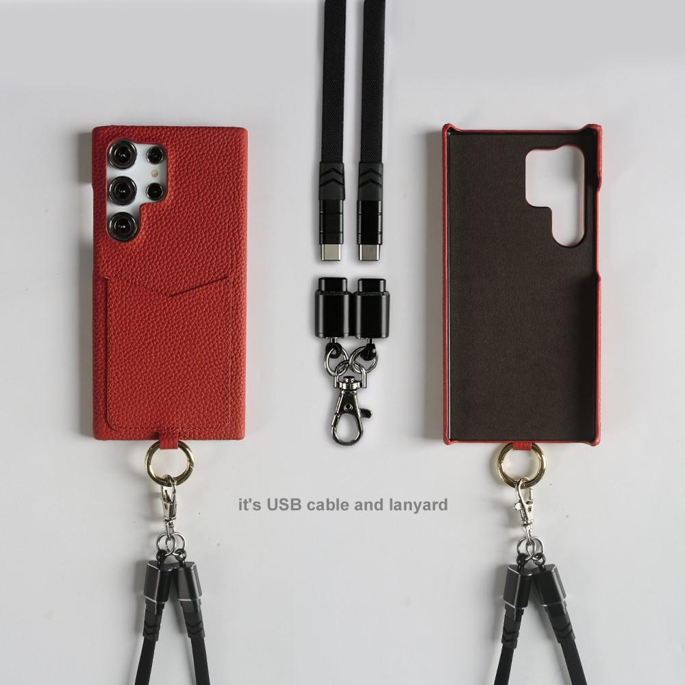 Multifunktionales Ladekabel-Lanyard Echtes Lederhülle Für iPhone 16 Pro Max 15Pro 11 13 12 14Pro Umhängeband Kartenfach