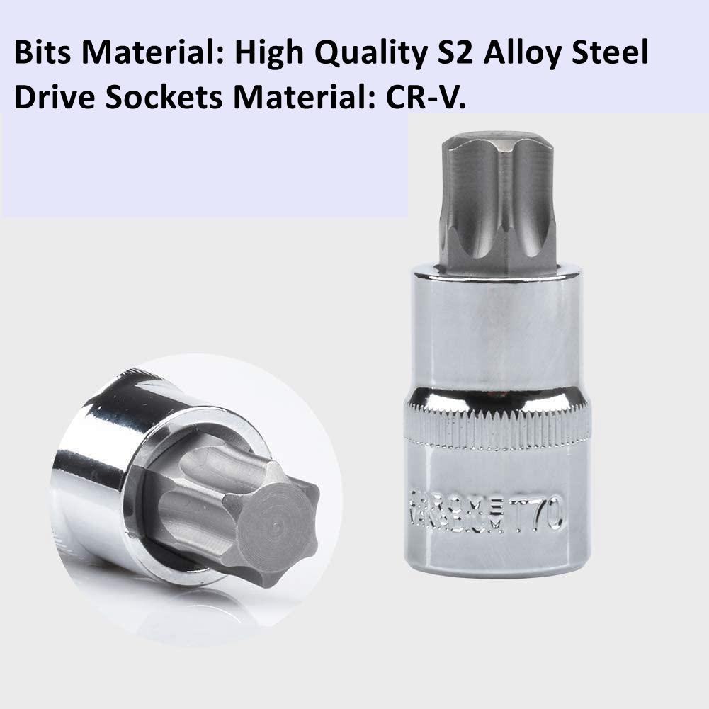 13pcs Torx Bit Socket Set, CRV Sockets, S2 Steel Bits, 1/4-inch (T8-T30), 3/8-inch (T40-T60) & 1/2-inch (T70) Drive, with Case