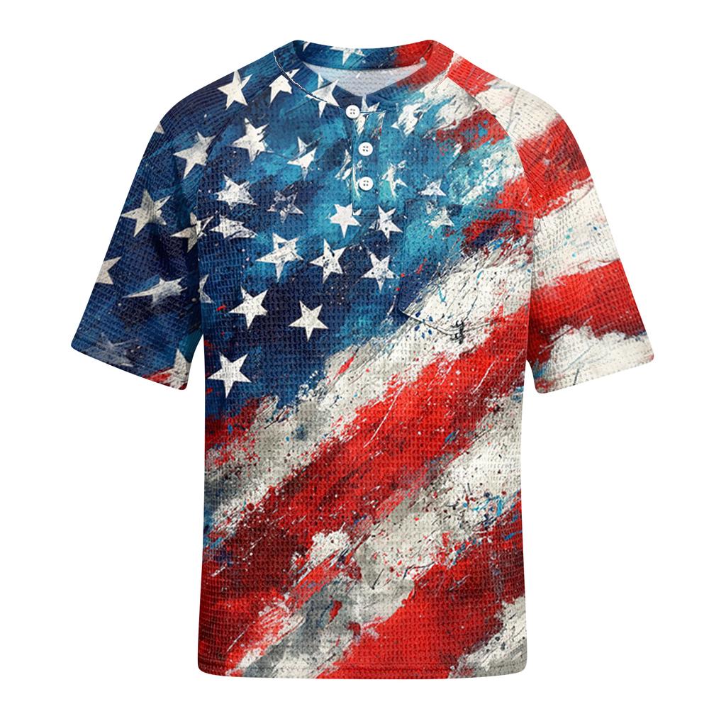 Men's Casual Waffle Knit Short Sleeve Shirt USA Letter Print Lightweight Breathable Summer Top with Button Front