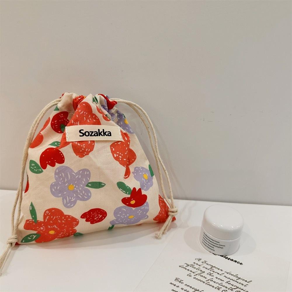 Stylish Japanese Portable Makeup Bag Floral Canvas Drawstring Cosmetic Pouch For Women