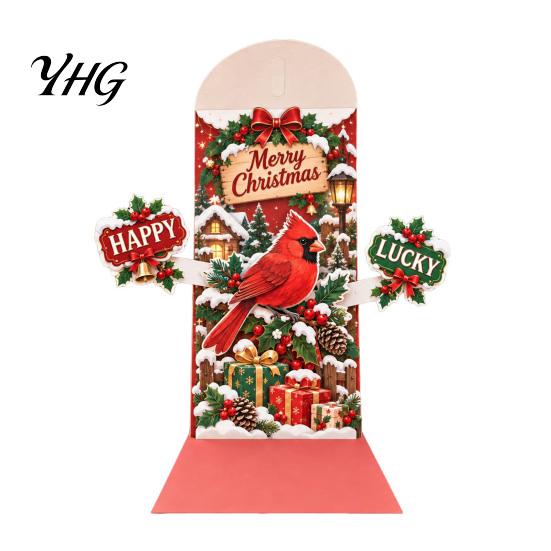 Retro Style Christmas Cards 3D Pop Up Card, Money Gift Card Holder with Handwritten Holiday Blessing Cash Slot, Hummingbird Santa Reindeer Design,