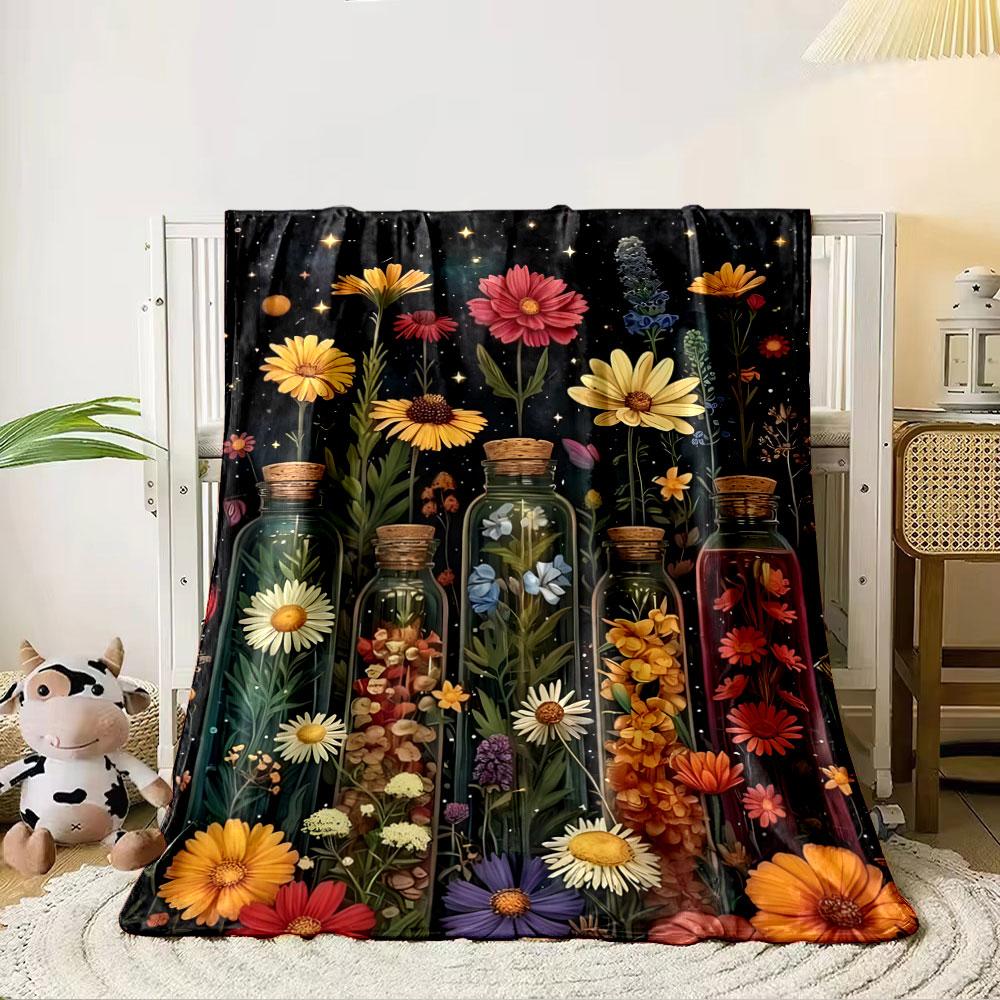 Flowers growing from tall glass jars against a starry night background. for all seasons blanket lunch break throw gift 80cm x 120cm