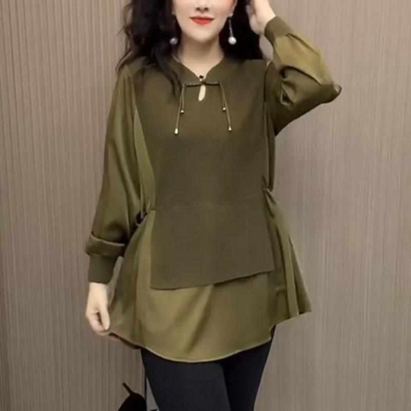 Fake Two Pieces Patchwork Loose Shirt Women's Clothing Casual V-Neck Spring Autumn Fashion Vintage Chinese Disc Buckle Blouse