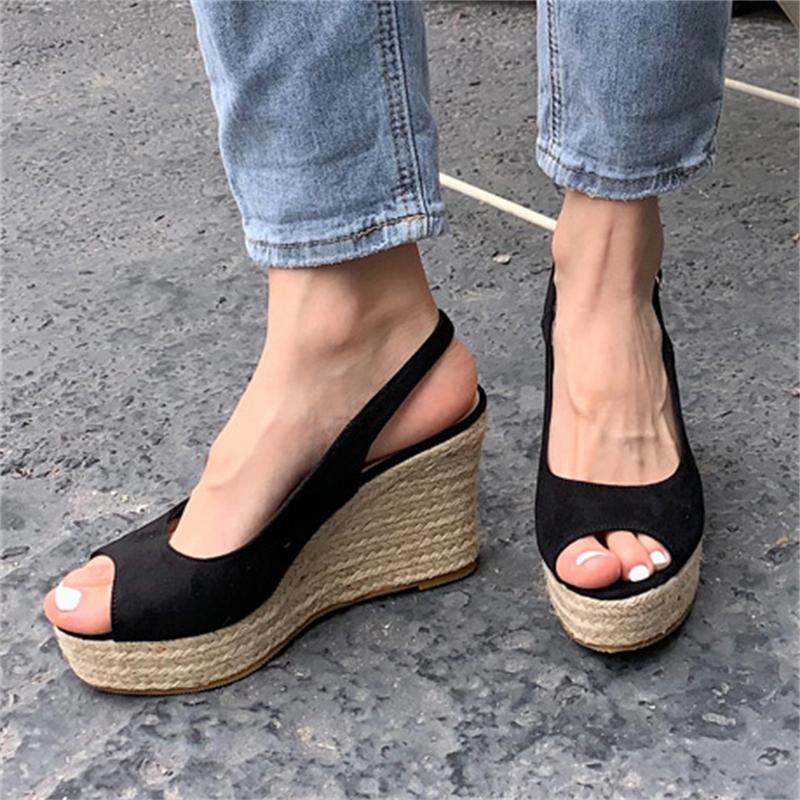 Fashion Eilyken Summer Peep Toe Buckle Strap Women Slippers Fashion Solid Platform Wedges Rattan Weave High Heels Sandals Concise Shoes