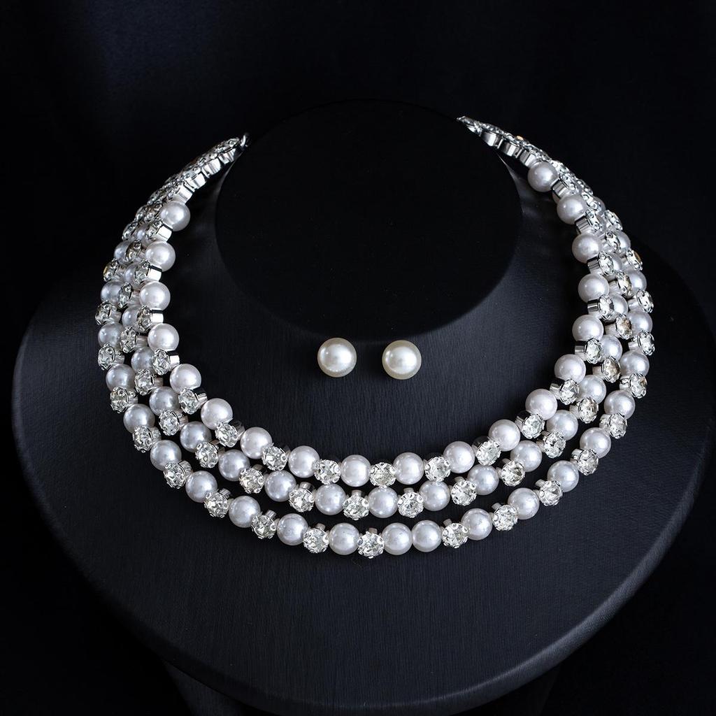 Retro Rhinestone and Faux Pearl Adjustable Jewelry Set with Three-Layer Pearl Earrings