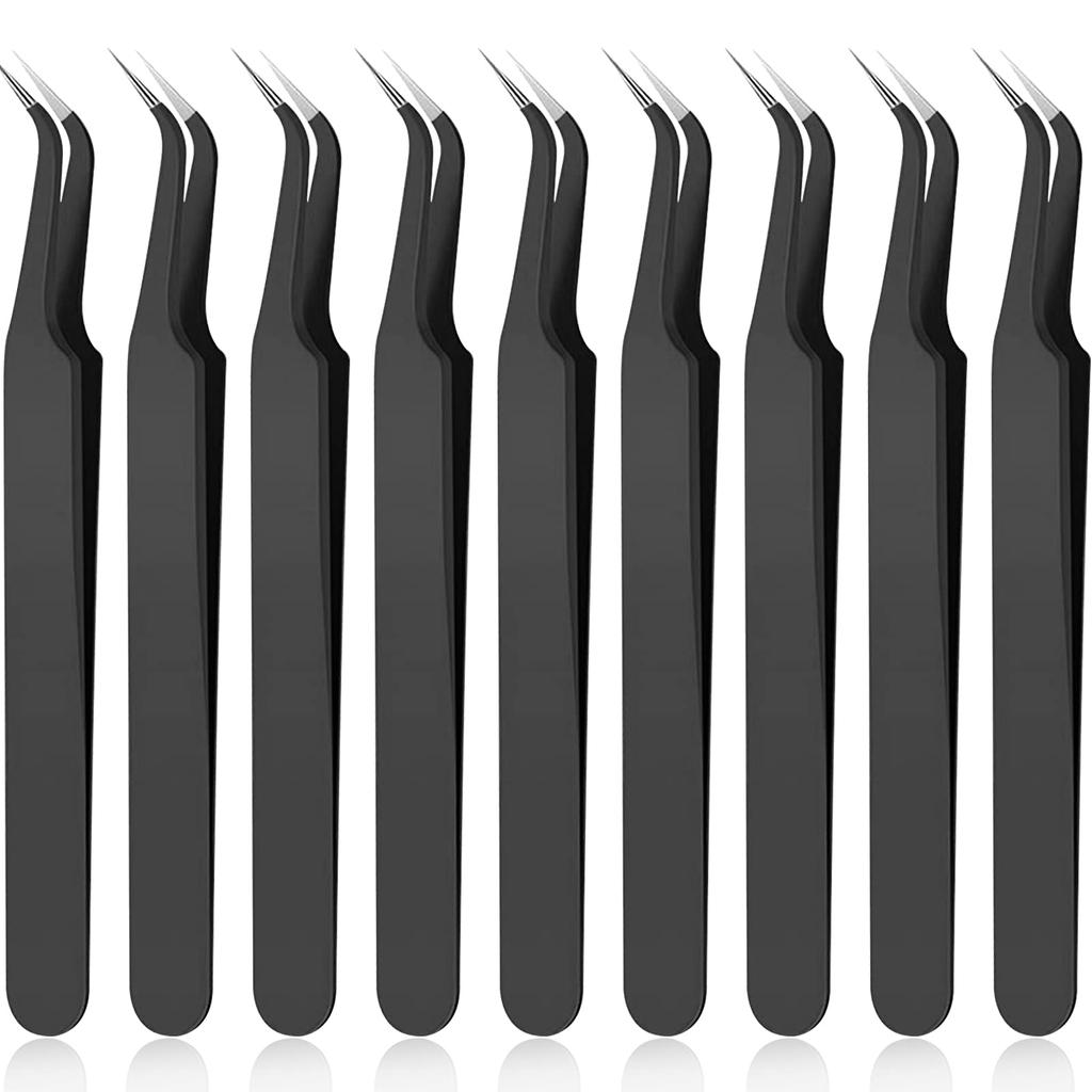 9pcs 9 Pieces Curved Tip Eyelash Extension Tweezers, Stainless Steel Curved Tip Tweezers Pointed Tip Tweezers with Protective Co