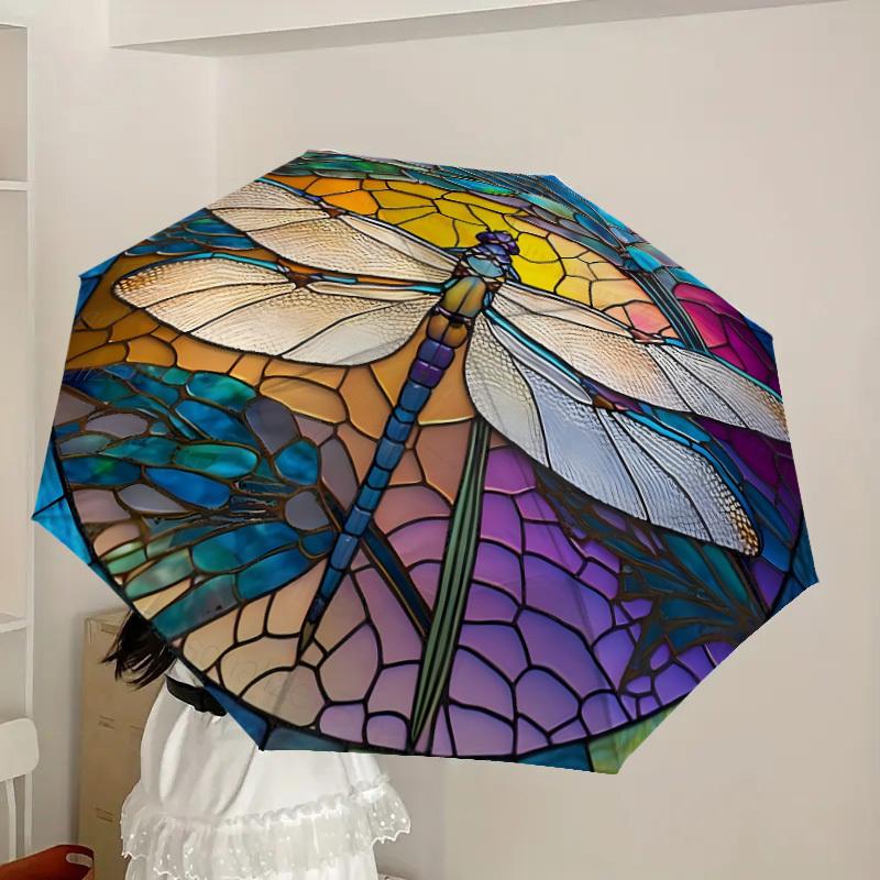 1pc Stained Glass Dragonfly Artwork Umbrella with Plastic Handle,Suitable for All Seasons Home Travel Outdoor UmbrellaDD1068