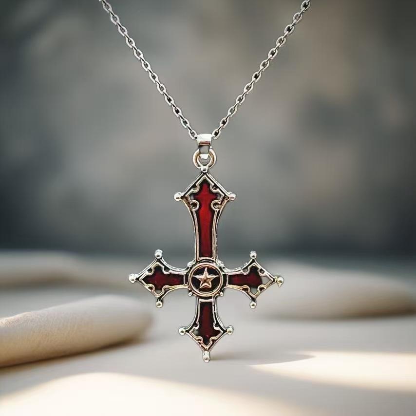 Crimson Gothic Cross Pendant Necklace Jewelry European and American Punk Style Weird Style