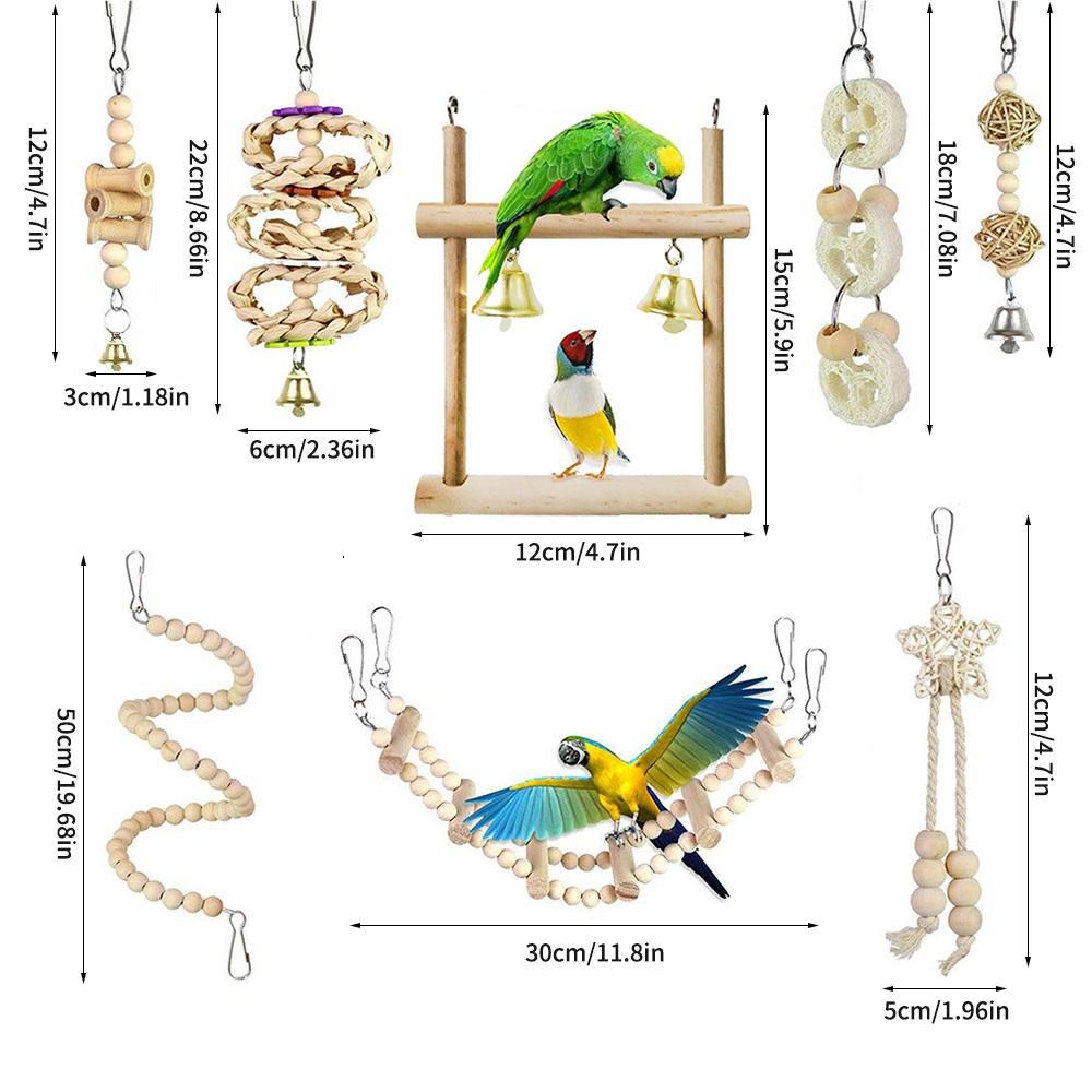 Random Bell 8PCS Bird Toys for Parakeets, Parrot Swing Chewing Hanging Standing Wooden Toys Bird Cage Accessories
