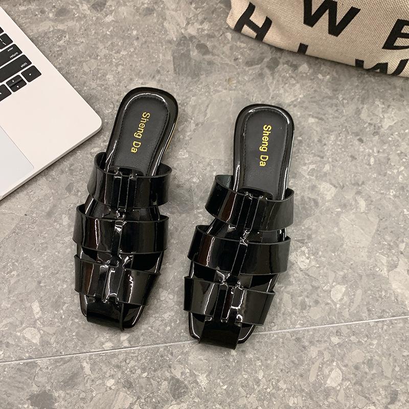 

Coarse heel one-word slippers women s versatile summer new open-toed mid-heel gold and silver fashion outer wear cool slippers 40 чёрный