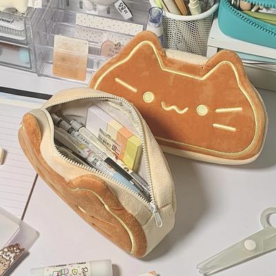 Bolsa de lápis de pelúcia de pão caramelizado de gato fofo bolsa de lápis de grande capacidade para estudantes kawaii bolsa de papelaria bolsa de lápis de gatinho material de volta às aulas
