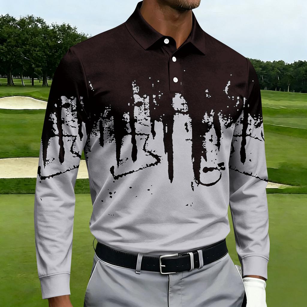 Men's Casual Printed Long Sleeve Button Down Shirt with Lapel Collar for Sports and Daily Wear