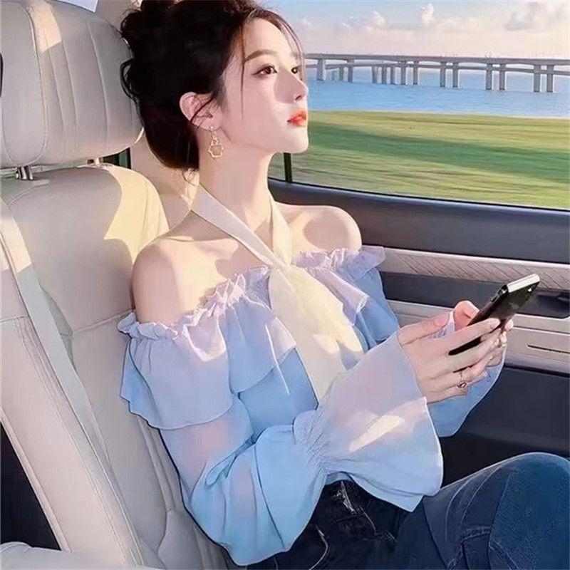 

Women s Light Blue Halter Off Shoulder Ruffle Blouse Sheer Flare Sleeve Sweet Fairy Top S синій