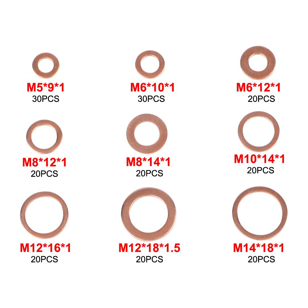 Copper Washer Gasket Flat Fitting Washers M5/M6/M8/M10/M12/M14 Nut and Bolt Set Flat Ring Seal Assortment Kit 200pcs