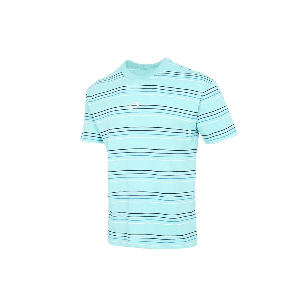 Nike Sportswear Embroidered Logo Striped Loose Knit Sports Short Sleeve T-Shirt Men Tops Blue Green DB6532-307