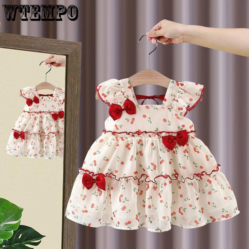 Flickklänning Sommar Barn Körsbär Prinsessklänning Babyflicka Chiffong Söt Kortärmad Klänning