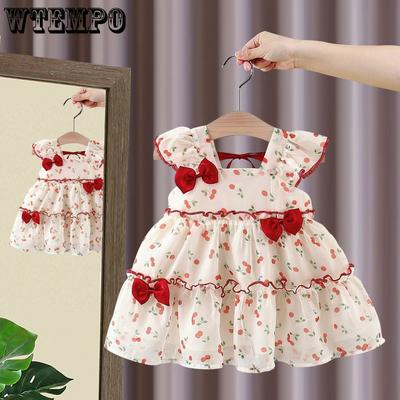 Vestito Estivo per Bambina Principessa Ciliegia Vestito Corto Manica Corta Dolce in Chiffon per Neonata