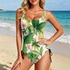 Women's Swimsuit with Tropical Leaf and Floral Print Adjustable Side Drawstring Scoop Neck Bathing Suit