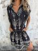 European & American Summer Casual Short-Sleeved Cotton Linen Shirt Dress with Pocket Print for Women