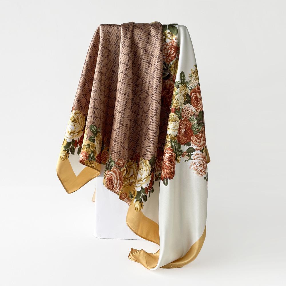 Square Scarf for Women's Imitation Silk Scarf Mother Gift Satin Color Tick Scarf Digital Printing Breathable Versatile Sun Protection