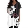 Womens Tops V-neck Short Sleeve Blouses Casual Mid-length Shirts Fashion Print Tunic Tops With Pockets