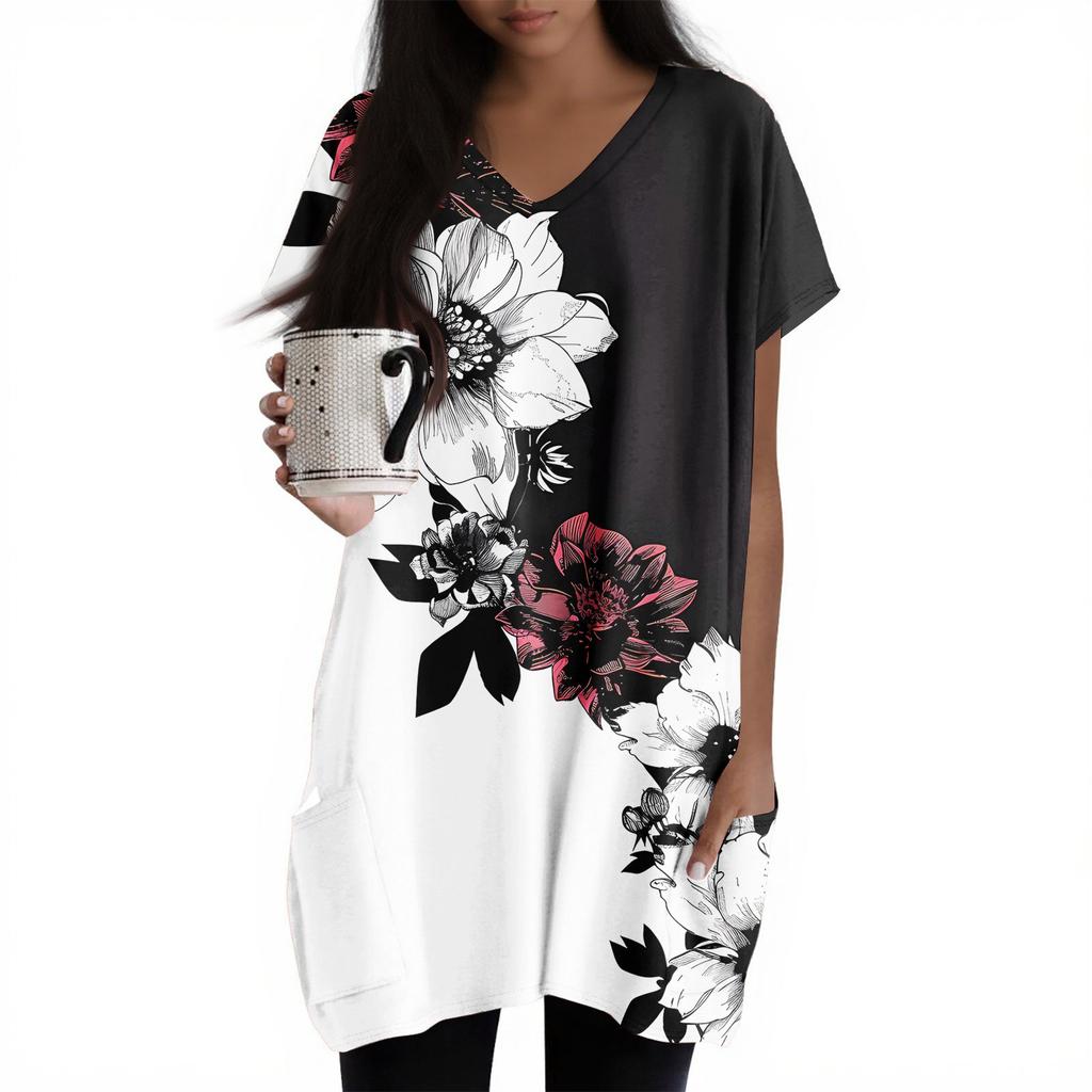 Womens Tops V-neck Short Sleeve Blouses Casual Mid-length Shirts Fashion Print Tunic Tops With Pockets