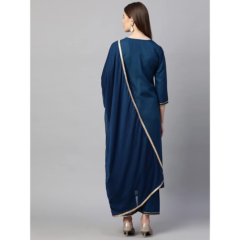 Gosriki Women' Ruby Cotton Solid Straight Kurti With Palazzos & Dupatta Set (Label Cerosin LGo Blue Large)