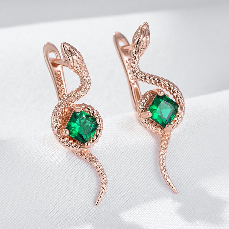 Green Natural Zircon Snake Drop Earrings For Women Fashion Rose Gold Color Vintage Daily Punk Animal Jewelry