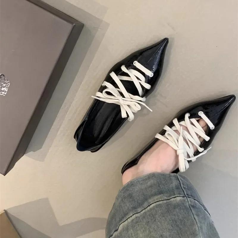 Two-Way Wear Sharp Head Bright Leather Shoelace French Retro Slip-On Small Single Shoes Spring Autumn Season Ladies Casual Shoes