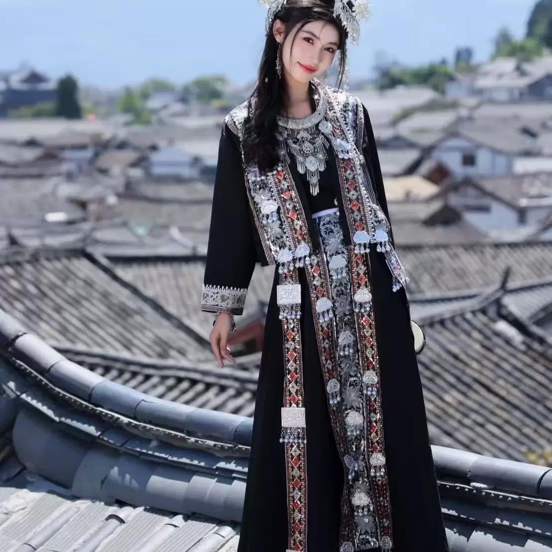 Women s Black Embroidered Hmong Costume Set, Traditional Chinese Ethnic Dance Outfit L чёрный