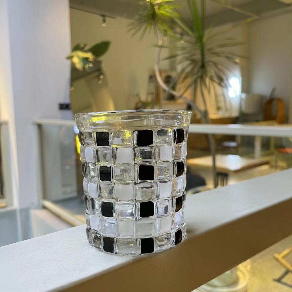 Hand-Painted Black & White Plaid Glass Cup for Beverages