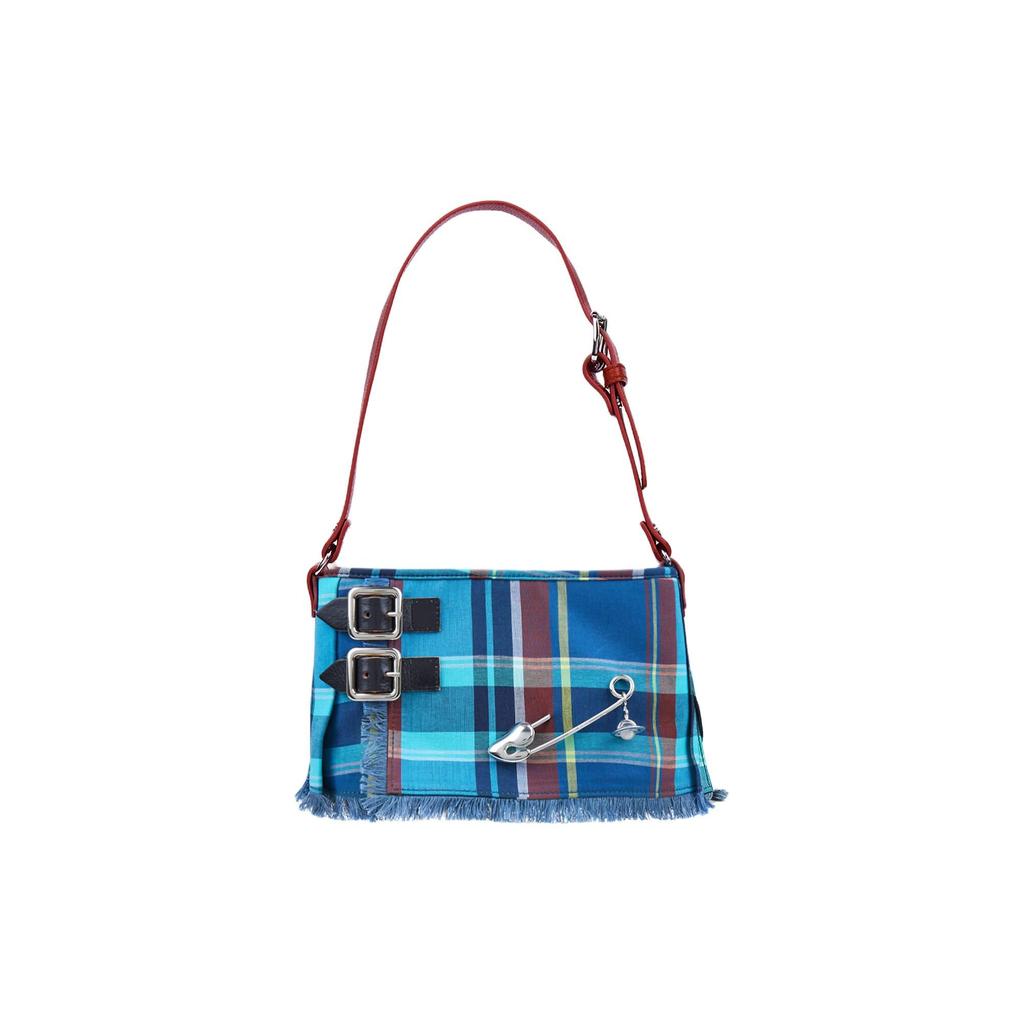 Vivienne Westwood Anglomania Adjustable Strap Plaid Design Initial Cut Wool Tote Shoulder Bag Women bags Blue 41010067U-W00TW-MULTI-BLUE