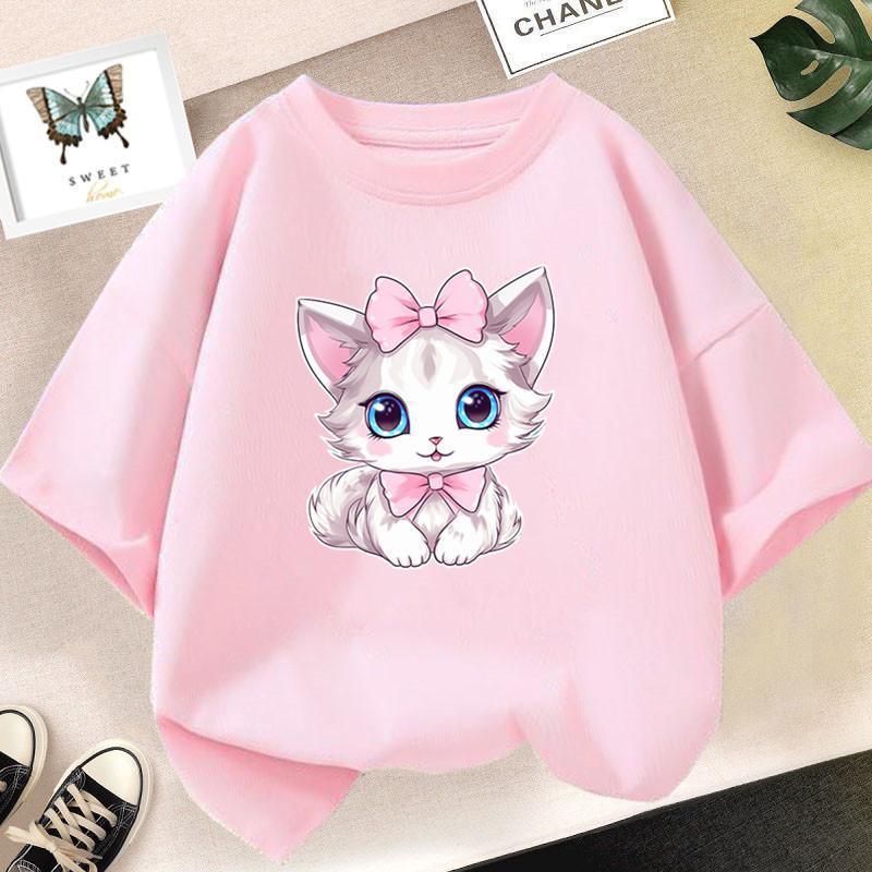 Cotton 100%  Cat Girls T Shirt Clothes Girls Animal Children T-Shirt Kids Summer Cat Lively Cute Funny Baby T Shirts Tops 2023