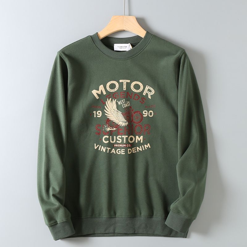 Men's Casual Printed Versatile Round-Neck Long-Sleeve Pullover Sweatshirt with Fleece Lining for Autumn and Winter, Export Surplus