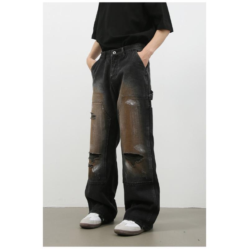 Street Retro Lumberjack Jeans Men's High Street Broken Hole Loose Straight Pants Straight Loose Jeans for Men Fashionable and Comfortable Pants