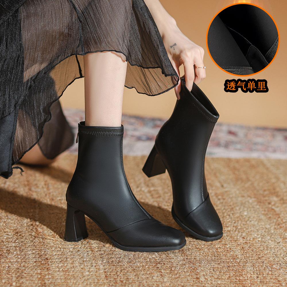 Leather thick heel high heel boots women's autumn and winter velvet new thin boots with skirt white short boots