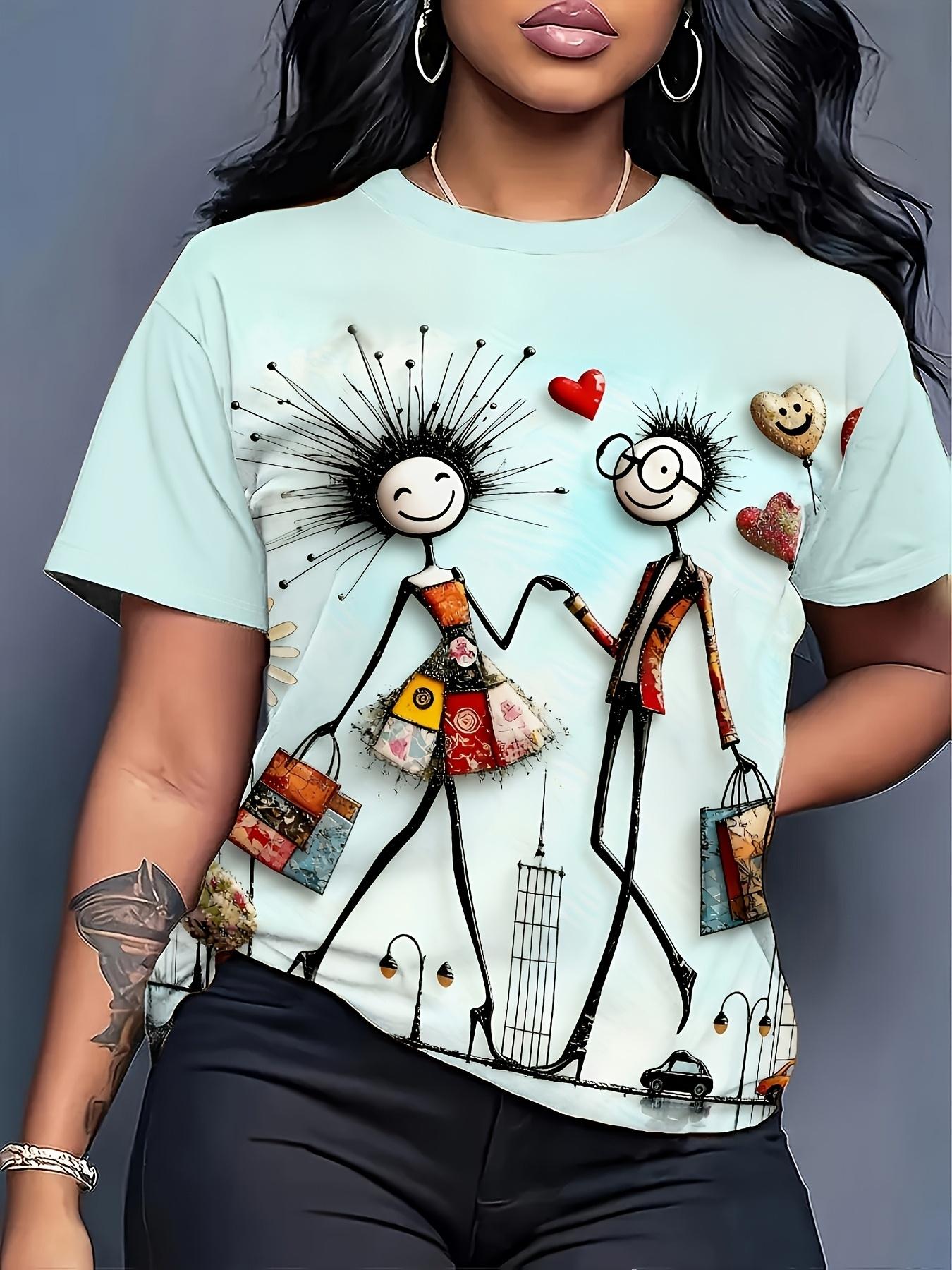 

[Printed Design-Not Textured]Artistic Stickman Couple Women s T. Fresh Blue Creative Patchwork Heart Balloon Pattern Short-sleeve Round-neck Top. a Mu 3XL дубильная кора