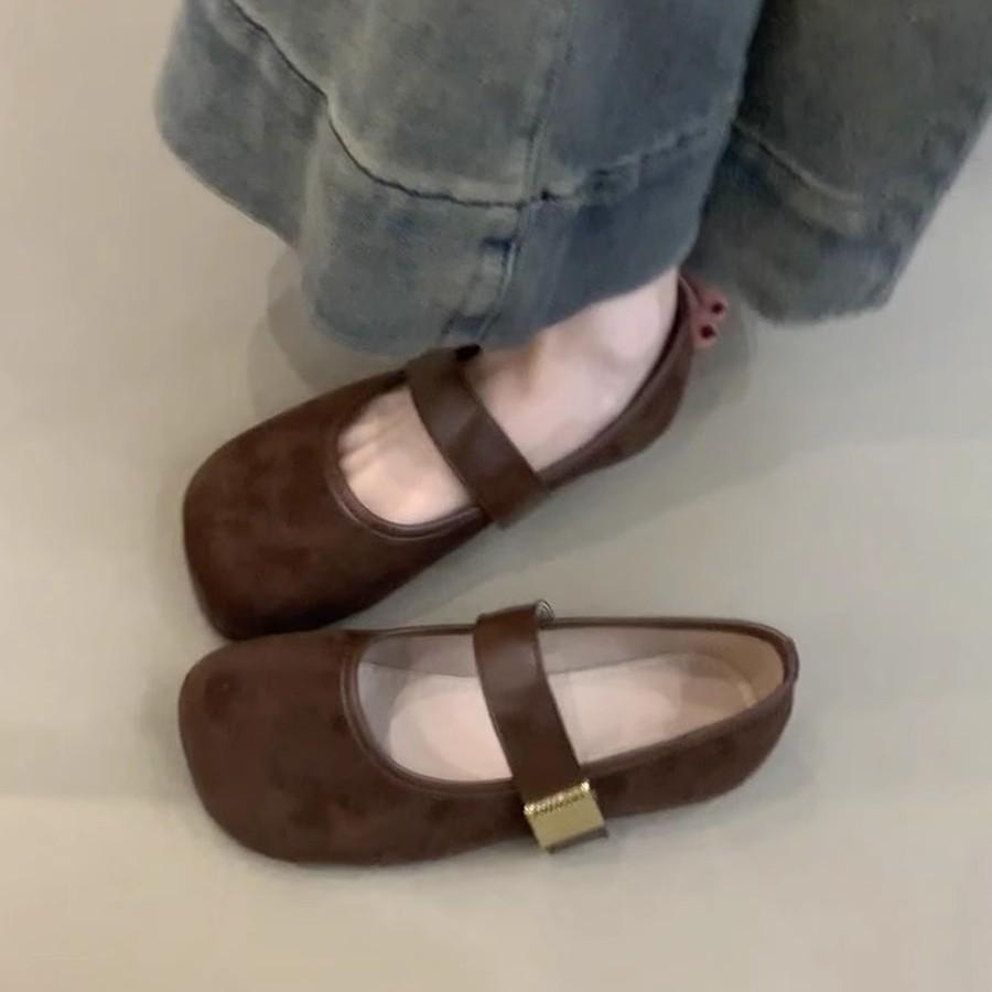 Spot Version~ Retro Round Head Metal Buckle Mary Jane Women's Shoes Suede Temperament Single Shoes Shallow Mouth Flat Ballet Shoes