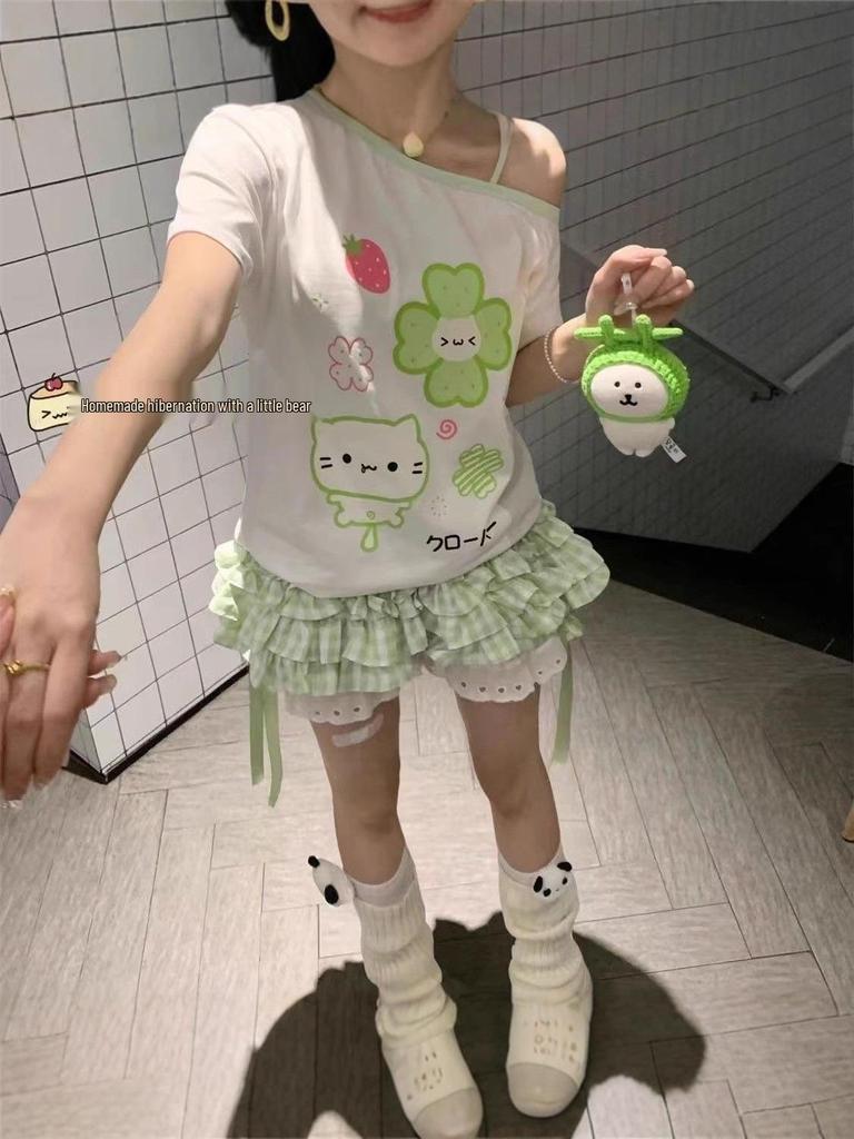 Grün & Weiß Karierter Elastischer Schleifenspitzen-Skort - Niedlich, Vielseitig, Petite, Sommer 2025 Edition