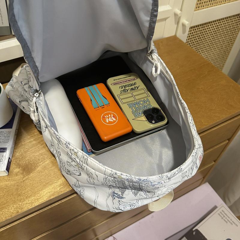 Zaino in Nylon Stampato Paesaggio Stile Cinese con Grande Capacità e Tasche Multiple Adatto per l'Uso Quotidiano e Studentesco Come Zaino Studentesco