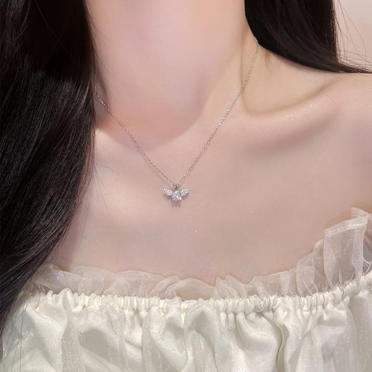 925 Sterling Silver Crown Angel Wing Pendant Necklace for Women , Rhinestone - Encrusted Fairy Princess Jewelry