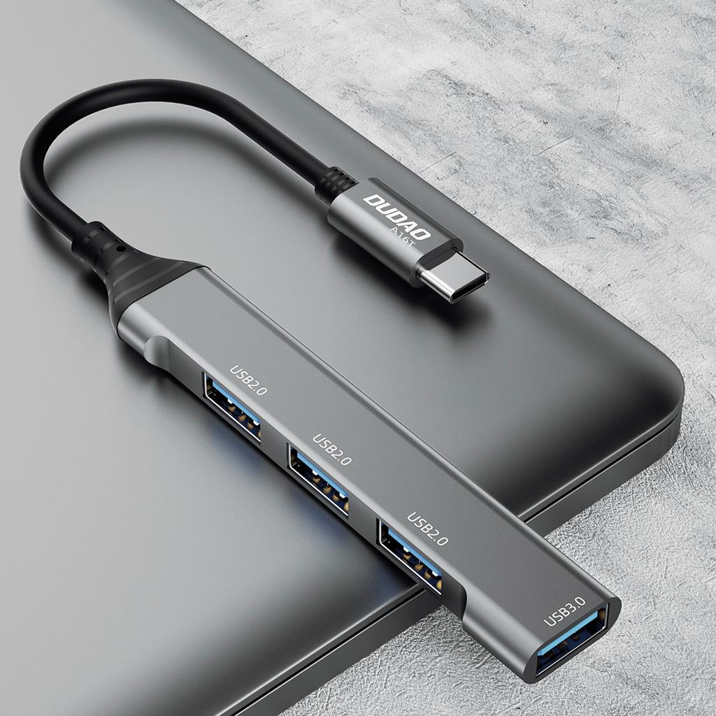 Dudao 6.3cm USB-C Hub (4-in-1) with 4x USB-A Ports (3x USB2.0 / 1x USB3.0) - Black (Model A16T)