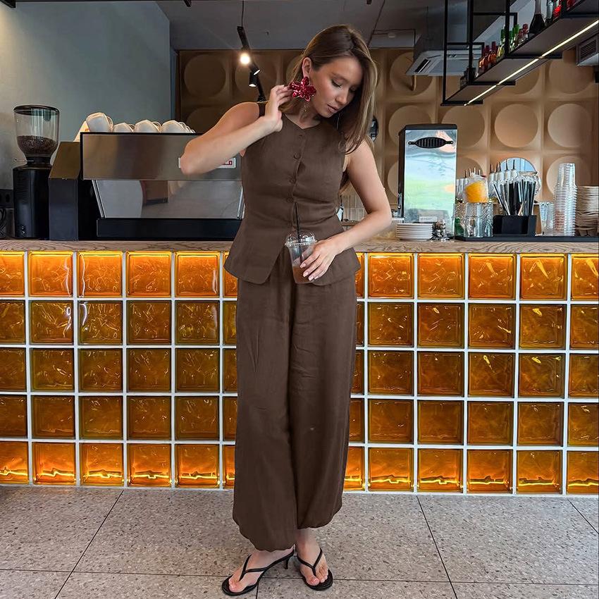 

New European And American Fashion Casual Suit Elegant Commuter Sleeveless Cardigan Top Women S Straight-Leg Pants L коричневий