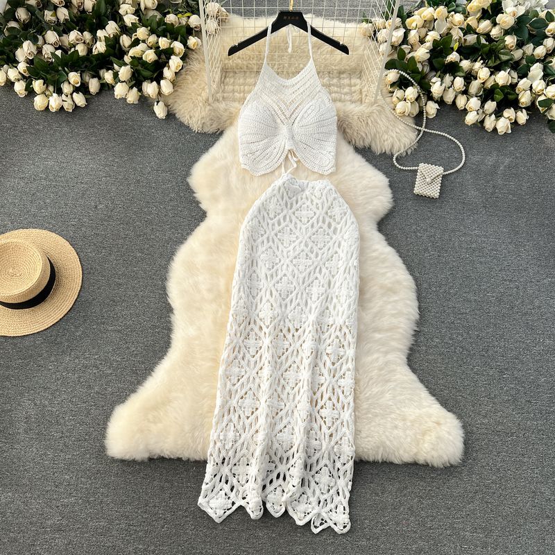 Bohemia Vacation Style Halter Spaghetti Straps Vest Sexy All-Matching Retro Crocheted Cut Out Skirt Two-piece Set Tide
